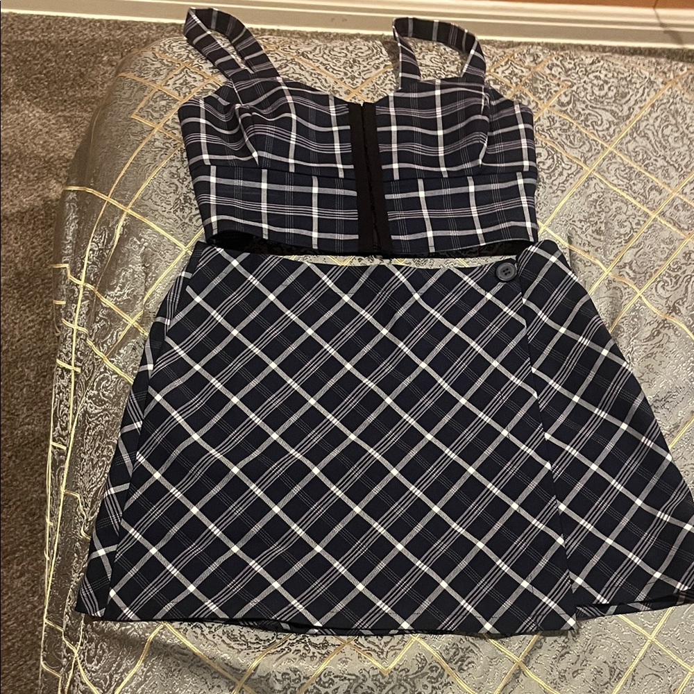 Stylish Navy Plaid Skirt and Cropped Top size Small